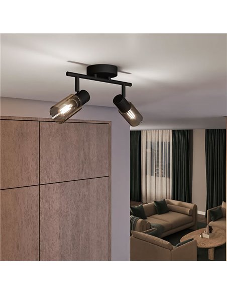 Barrette de 2 spots de plafond, verre noir fumé allongé PALMS 2xE14 (Non incl.), ClickFix