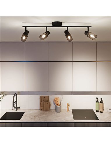 Regleta de 4 Focos de techo, cristal alargado negro ahumado PALMS 4xE14 (No incl.), ClickFix