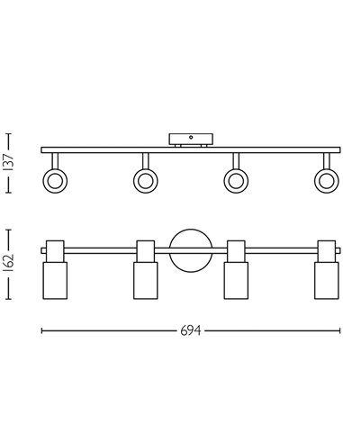 Faixa de 4 focos de teto, vidro alongado preto fumê PALMS 4xE14 (não incl.), ClickFix