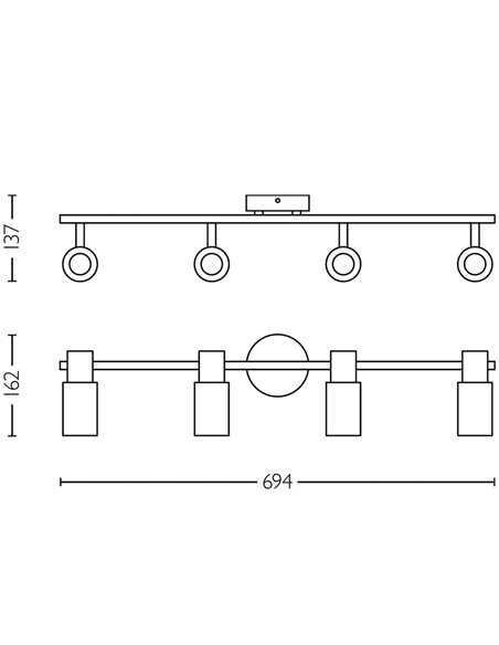 Barrette de 4 spots de plafond, verre noir fumé allongé PALMS 4xE14 (Non incl.), ClickFix