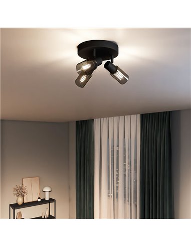 Plafón de techo, con 3 Focos de cristal alargado negro ahumado PALMS 3xE14 (No incl.), ClickFix