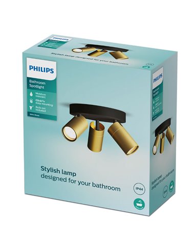 Plafón de techo redondo con 3 Focos de techo para baños IDRIS 3xGU10 (No incl) Dorado y Negro, ClickFix