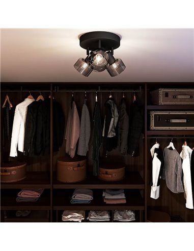 Plafón de techo, con 3 Focos de cristal redondo negro ahumado SLEET 3xE14 (No incl.), ClickFix