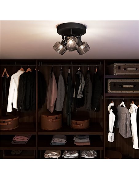 Candeeiro de teto, com 3 focos SLEET 3xE14 redondos em vidro preto fumado (não incluídos), ClickFix