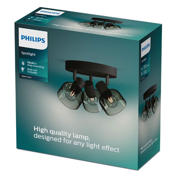 Candeeiro de teto, com 3 focos SLEET 3xE14 redondos em vidro preto fumado (não incluídos), ClickFix