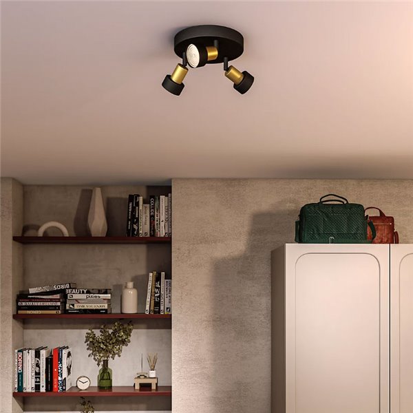 Plafón de techo con 3 Focos CONDUIT 3xGU10 (No incl.), Negro y latón,ClickFix