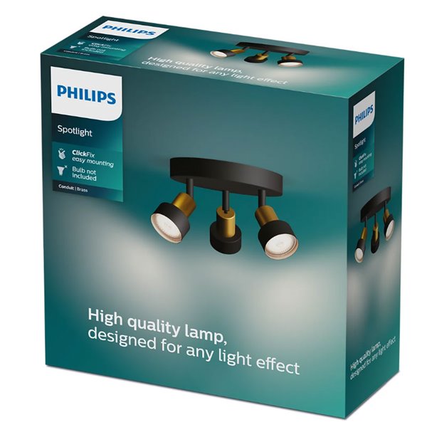 Plafonnier avec 3 Spots CONDUIT 3xGU10 (Non inclus), Noir et laiton, ClickFix