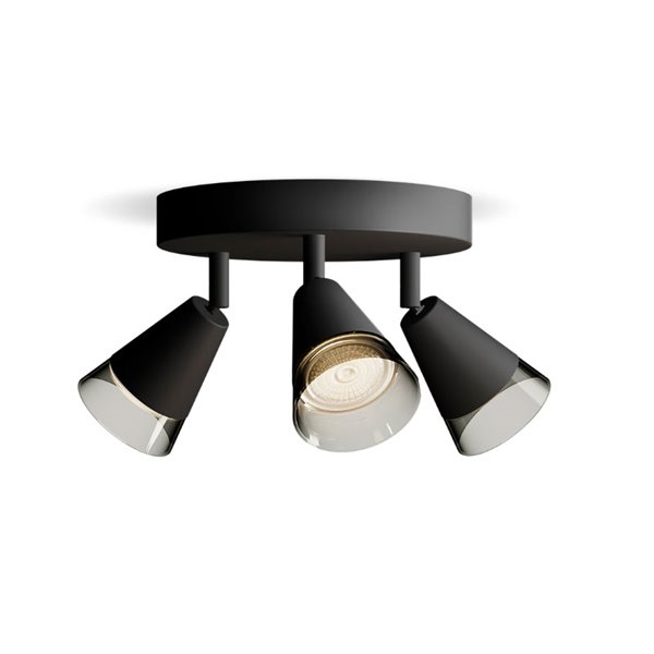 Plafón de techo con 3 Focos CLEFT 3xGU10 (No incl.) en forma de cono de vidrio Negro, ClickFix