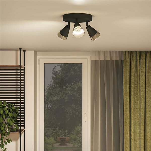 Plafón de techo con 3 Focos CLEFT 3xGU10 (No incl.) en forma de cono de vidrio Negro, ClickFix