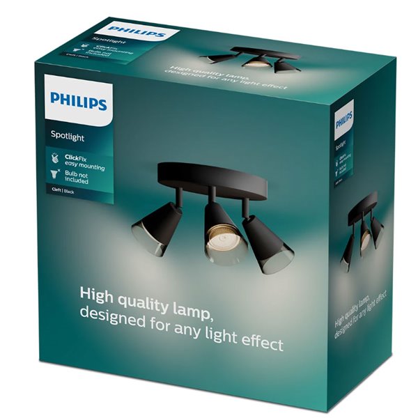 Plafón de techo con 3 Focos CLEFT 3xGU10 (No incl.) en forma de cono de vidrio Negro, ClickFix