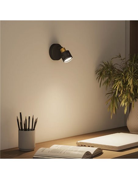 Spot plafond/mur style industriel perforé noir et laiton NIALL, GU10 (non incl.), ClickFix