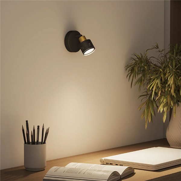 Foco de techo/pared estilo industrial perforado negro y latón NIALL, GU10 (No incl.), ClickFix