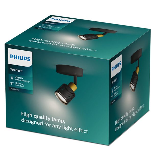 Refletor de teto/parede estilo industrial perfurado preto e latão NIALL, GU10 (não incluído), ClickFix