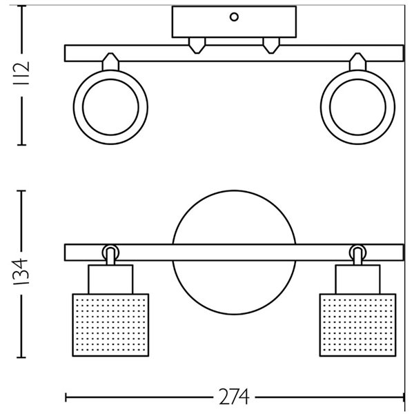 Faixa de 2 luzes estilo industrial perfurada em preto e latão NIALL, 2xGU10 (não incl.), ClickFix