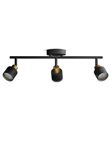 Regleta de 3 Focos estilo industrial perforado NIALL negro y latón, 3xGU10 (No incl.), ClickFix