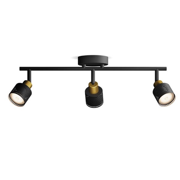 Regleta de 3 Focos estilo industrial perforado NIALL negro y latón, 3xGU10 (No incl.), ClickFix