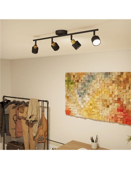 Bande à 4 lumières de style industriel perforé noir et laiton NIALL, 4xGU10 (non incl.), ClickFix