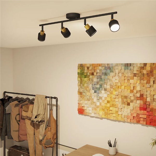 Regleta de 4 Focos estilo industrial perforado NIALL negro y latón, 4xGU10 (No incl.), ClickFix