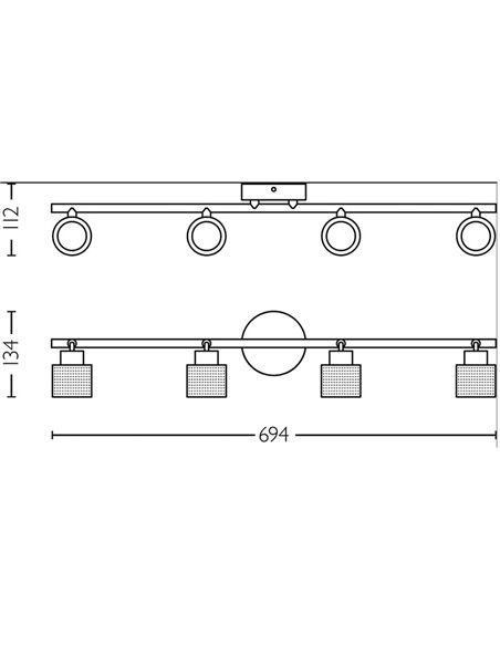 Bande à 4 lumières de style industriel perforé noir et laiton NIALL, 4xGU10 (non incl.), ClickFix