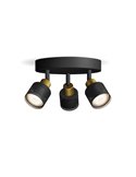 Plafón con 3 Focos estilo industrial perforado NIALL negro y latón, 2xGU10 (No incl.), ClickFix