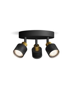 Plafon estilo industrial perfurado preto e latão NIALL com 3 focos, 2xGU10 (não incluído), ClickFix