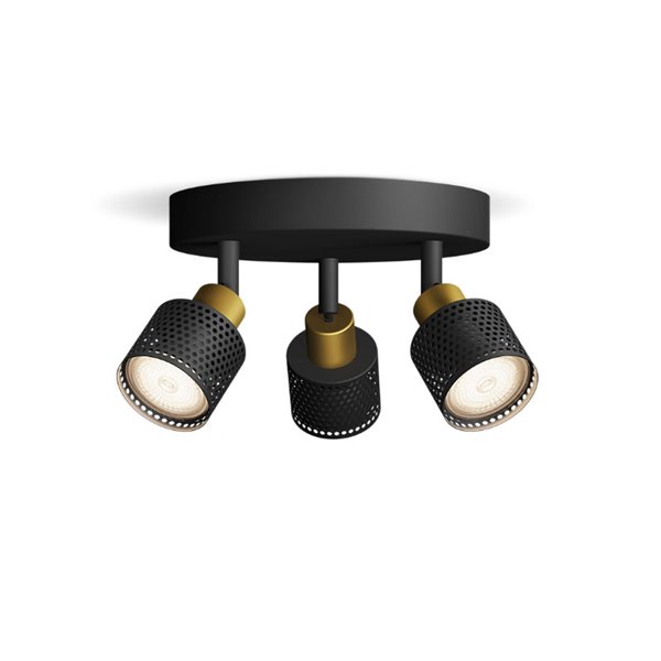 Plafon estilo industrial perfurado preto e latão NIALL com 3 focos, 2xGU10 (não incluído), ClickFix