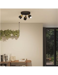 Plafon estilo industrial perfurado preto e latão NIALL com 3 focos, 2xGU10 (não incluído), ClickFix 2