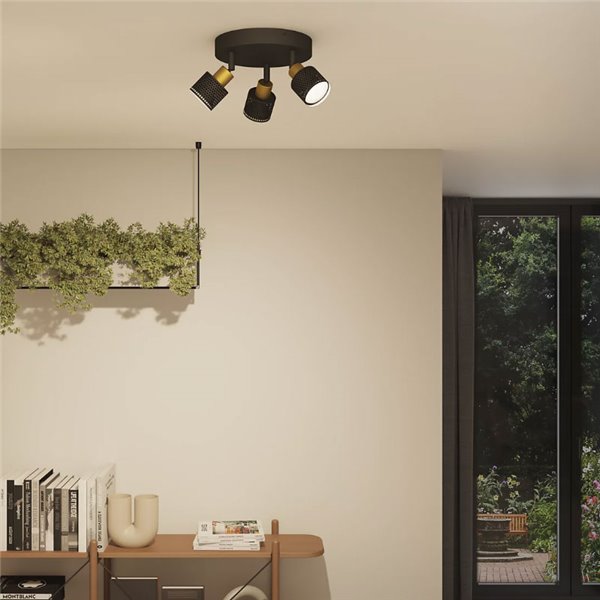 Plafon estilo industrial perfurado preto e latão NIALL com 3 focos, 2xGU10 (não incluído), ClickFix