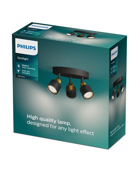 Plafon estilo industrial perfurado preto e latão NIALL com 3 focos, 2xGU10 (não incluído), ClickFix