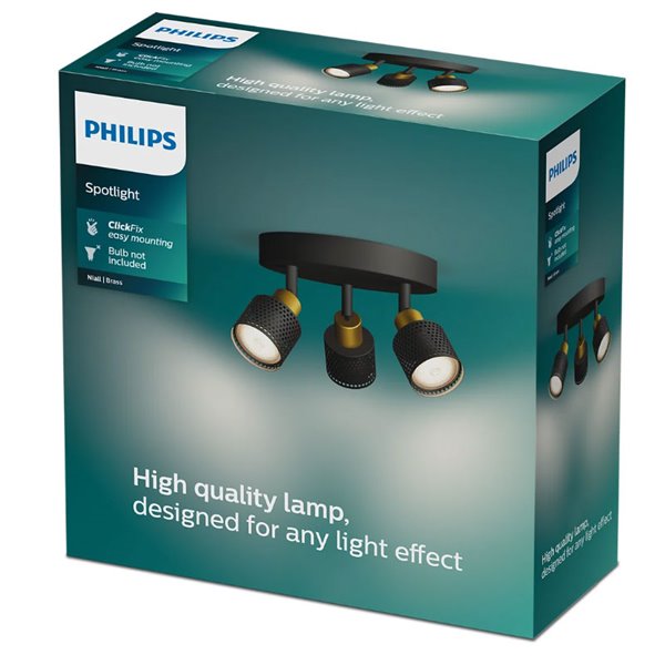 Plafon estilo industrial perfurado preto e latão NIALL com 3 focos, 2xGU10 (não incluído), ClickFix