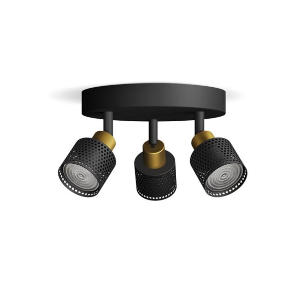 Plafon estilo industrial perfurado preto e latão NIALL com 3 focos, 2xGU10 (não incluído), ClickFix