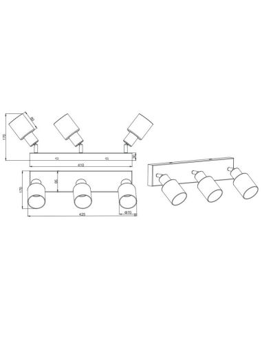 Regleta de Techo Orientable 3 Focos CADIZ Pantalla Ahumada 3xE14 | LeonLeds