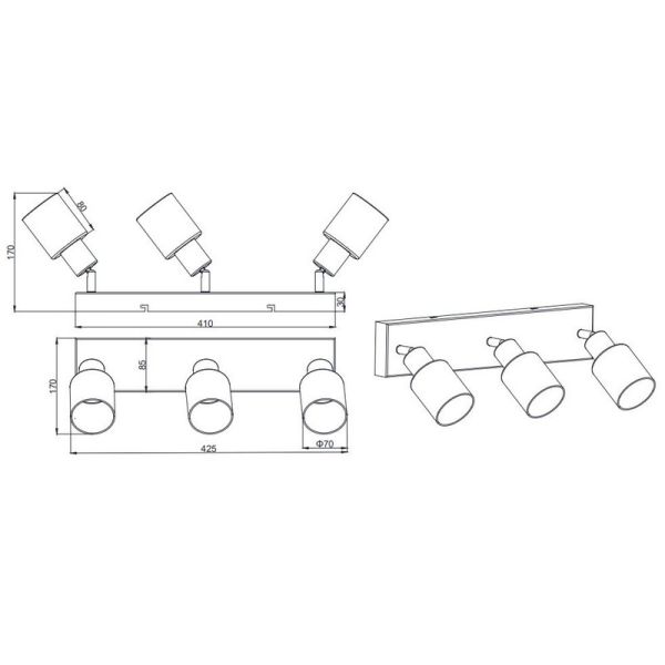 Barrette de Plafond Orientable 3 Spots CADIZ Abat-jour Fumé 3xE14 | LéonLeds