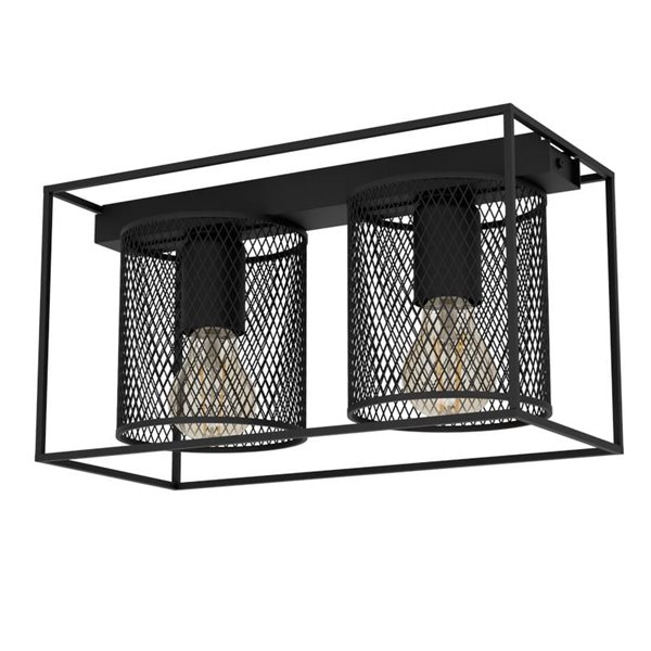 Plafonnier industriel CATERICK en acier noir avec 2 abat-jour cylindriques 2xE27