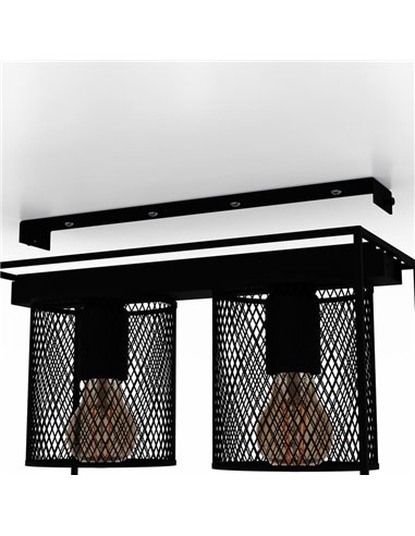 Plafonnier industriel CATERICK en acier noir avec 2 abat-jour cylindriques 2xE27