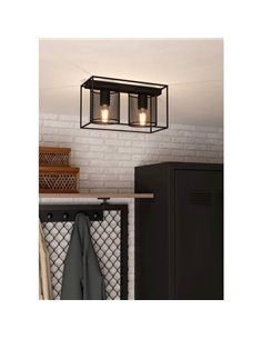 Plafón de techo de acero negro industrial CATTERICK con 2 pantallas cilindricas 2xE27 2
