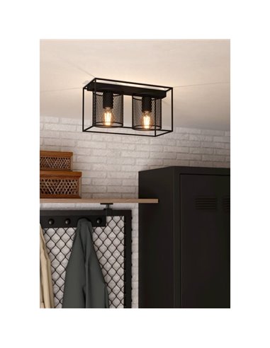 Plafón de techo de acero negro industrial CATTERICK con 2 pantallas cilindricas 2xE27