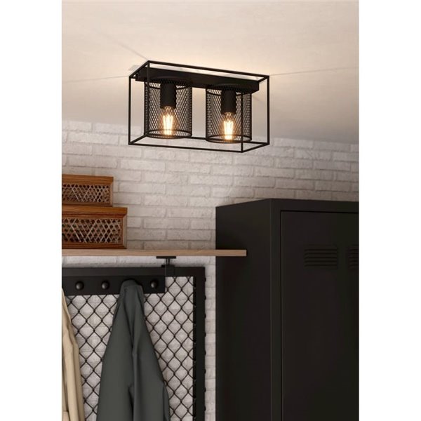 Plafón de techo de acero negro industrial CATTERICK con 2 pantallas cilindricas 2xE27