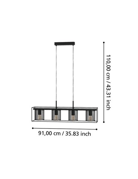 Candeeiro suspenso CATTERICK com 4 abajures de fio preto, 4xE27 (não incl.)