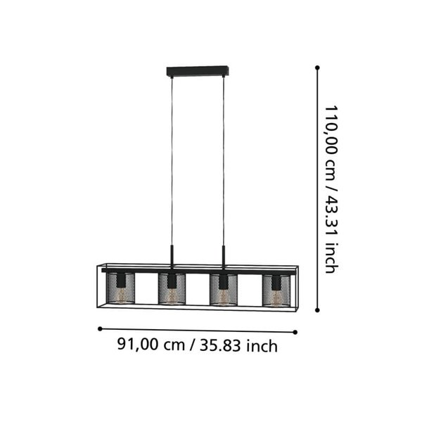 Lámpara colgante CATTERICK con 4 Pantallas de Alambre Negro, 4xE27 (No Incl.)