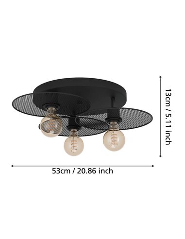 Plafonnier pour 3 ampoules E27 IKESTON, avec abat-jour ronds à grille noire