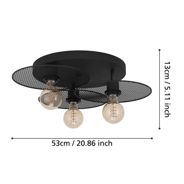 Plafonnier pour 3 ampoules E27 IKESTON, avec abat-jour ronds à grille noire