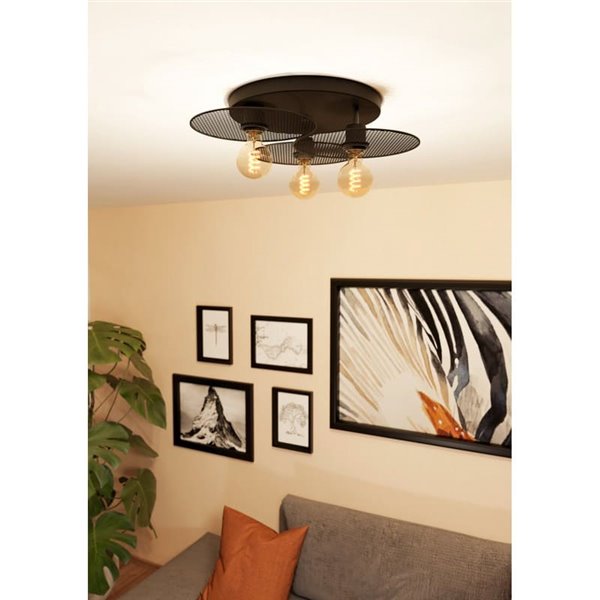 Plafonnier pour 3 ampoules E27 IKESTON, avec abat-jour ronds à grille noire