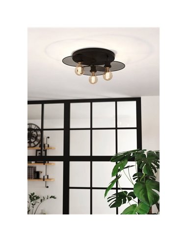 Plafonnier pour 3 ampoules E27 IKESTON, avec abat-jour ronds à grille noire