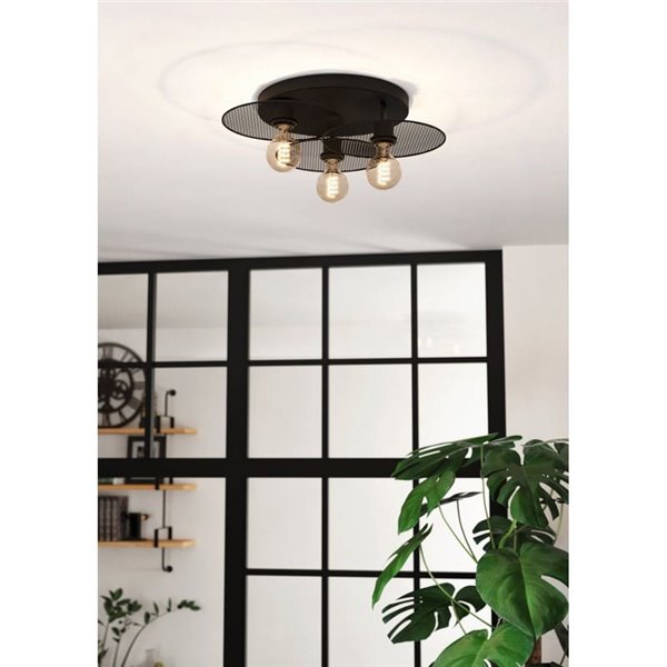 Plafonnier pour 3 ampoules E27 IKESTON, avec abat-jour ronds à grille noire
