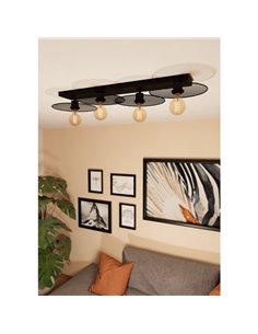 Plafón rectangular de 95cm IKESTON, con 4 pantallas de rejilla negra 4xE27 2