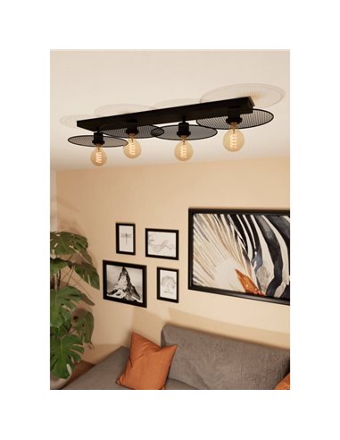 Plafón rectangular de 95cm IKESTON, con 4 pantallas de rejilla negra 4xE27