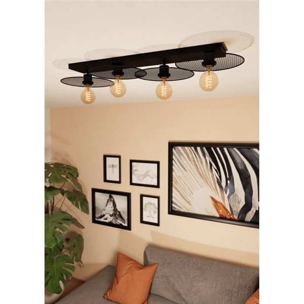 Plafón rectangular de 95cm IKESTON, con 4 pantallas de rejilla negra 4xE27