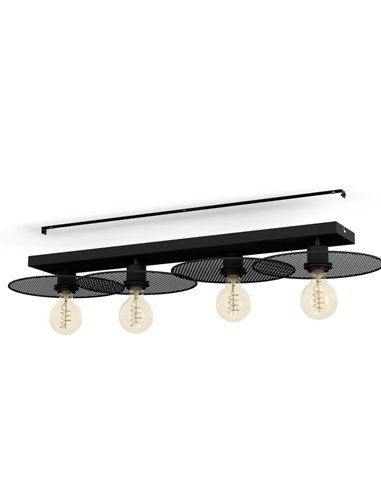 Plafón rectangular de 95cm IKESTON, con 4 pantallas de rejilla negra 4xE27