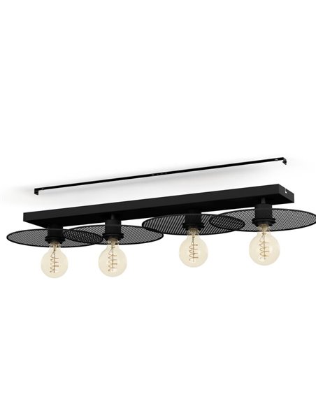 Plafón rectangular de 95cm IKESTON, con 4 pantallas de rejilla negra 4xE27